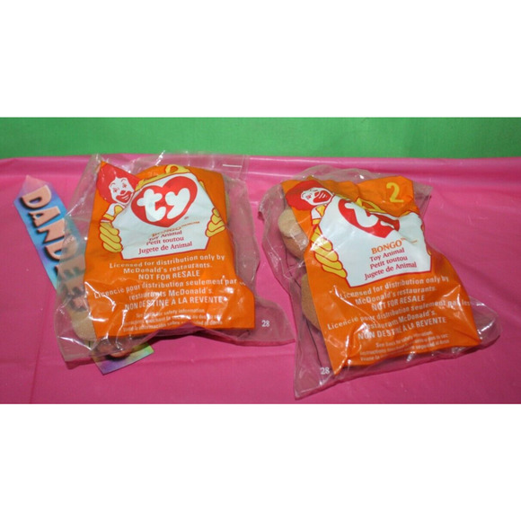 Pair Of Ty Teenie Beanie Babies McDonald's Happy Meal Toys Bongo Monkey 2 Sealed - Picture 2 of 2
